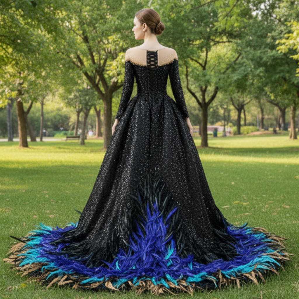 Black Sequin Wedding Gown Long Sleeve Quinceanera Dress with Feather Rosymae Black Sequin Wedding Gown Long Sleeve Quinceanera Dress with Feather Rosymae