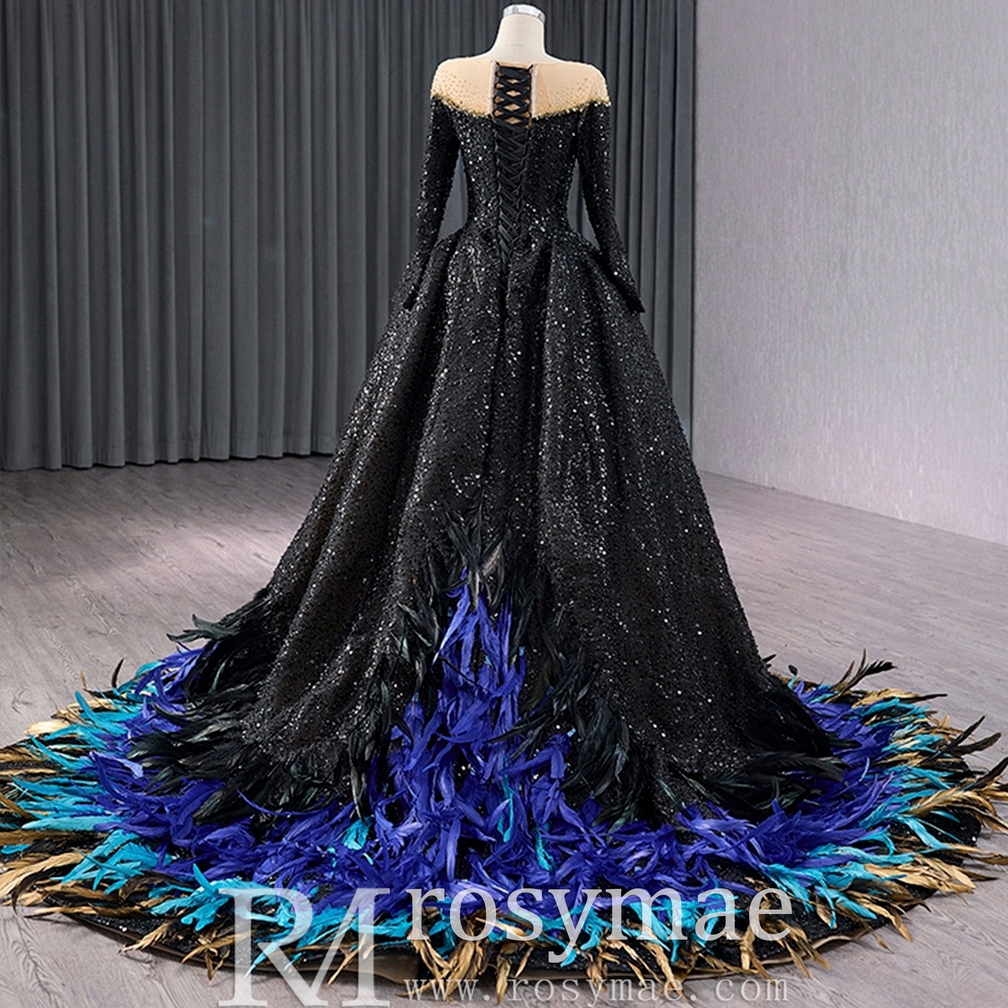 Black Sequin Wedding Gown Long Sleeve Quinceanera Dress with Feather Black / 26W Black Sequin Wedding Gown Long Sleeve Quinceanera Dress with Feather Black / 26W