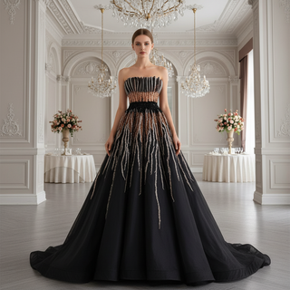 Princess Formal Gown Gorgeous Black Handmade Sequins Prom Dress