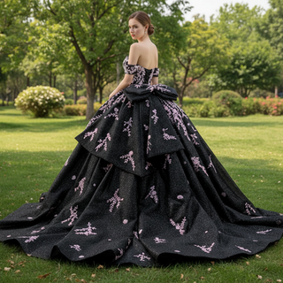 Black Shimmering Wedding Gown Off the Shoulder Quinceanera Dress