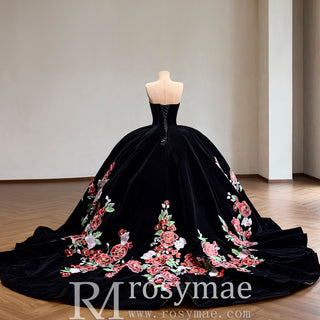 Velvet Black Ball Gown Wedding Dress with Colorful Floral Embroidery Detachable Long Sleeves