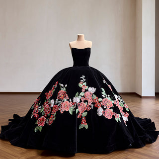Velvet Black Ball Gown Wedding Dress with Colorful Floral Embroidery Detachable Long Sleeves
