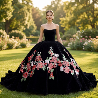 Velvet Black Ball Gown Wedding Dress with Colorful Floral Embroidery Detachable Long Sleeves