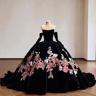 Velvet Black Ball Gown Wedding Dress with Colorful Floral Embroidery Detachable Long Sleeves