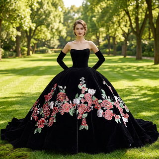 Velvet Black Ball Gown Wedding Dress with Colorful Floral Embroidery Detachable Long Sleeves