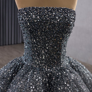 Gradient Black-to-White Quinceanera Dress with Beaded Corset Bodice & Voluminous Tulle Skirt