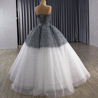 Gradient Black-to-White Quinceanera Dress with Beaded Corset Bodice & Voluminous Tulle Skirt