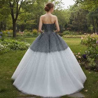 Gradient Black-to-White Quinceanera Dress with Beaded Corset Bodice & Voluminous Tulle Skirt