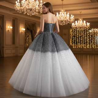 Gradient Black-to-White Quinceanera Dress with Beaded Corset Bodice & Voluminous Tulle Skirt