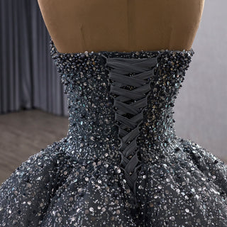 Gradient Black-to-White Quinceanera Dress with Beaded Corset Bodice & Voluminous Tulle Skirt