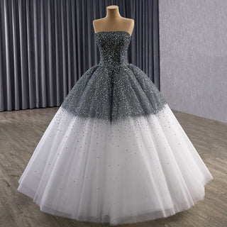 Gradient Black-to-White Quinceanera Dress with Beaded Corset Bodice & Voluminous Tulle Skirt