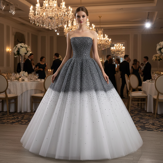 Gradient Black-to-White Quinceanera Dress with Beaded Corset Bodice & Voluminous Tulle Skirt