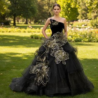 Elegant Black Wedding Dress with Gold Flower Ruffle Skirt