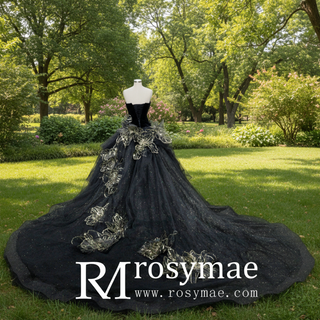 Elegant Black Wedding Dress with Gold Flower Ruffle Skirt