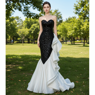 Elegante vestido de fiesta con abertura en la pierna y tubo de noche formal en blanco y negro