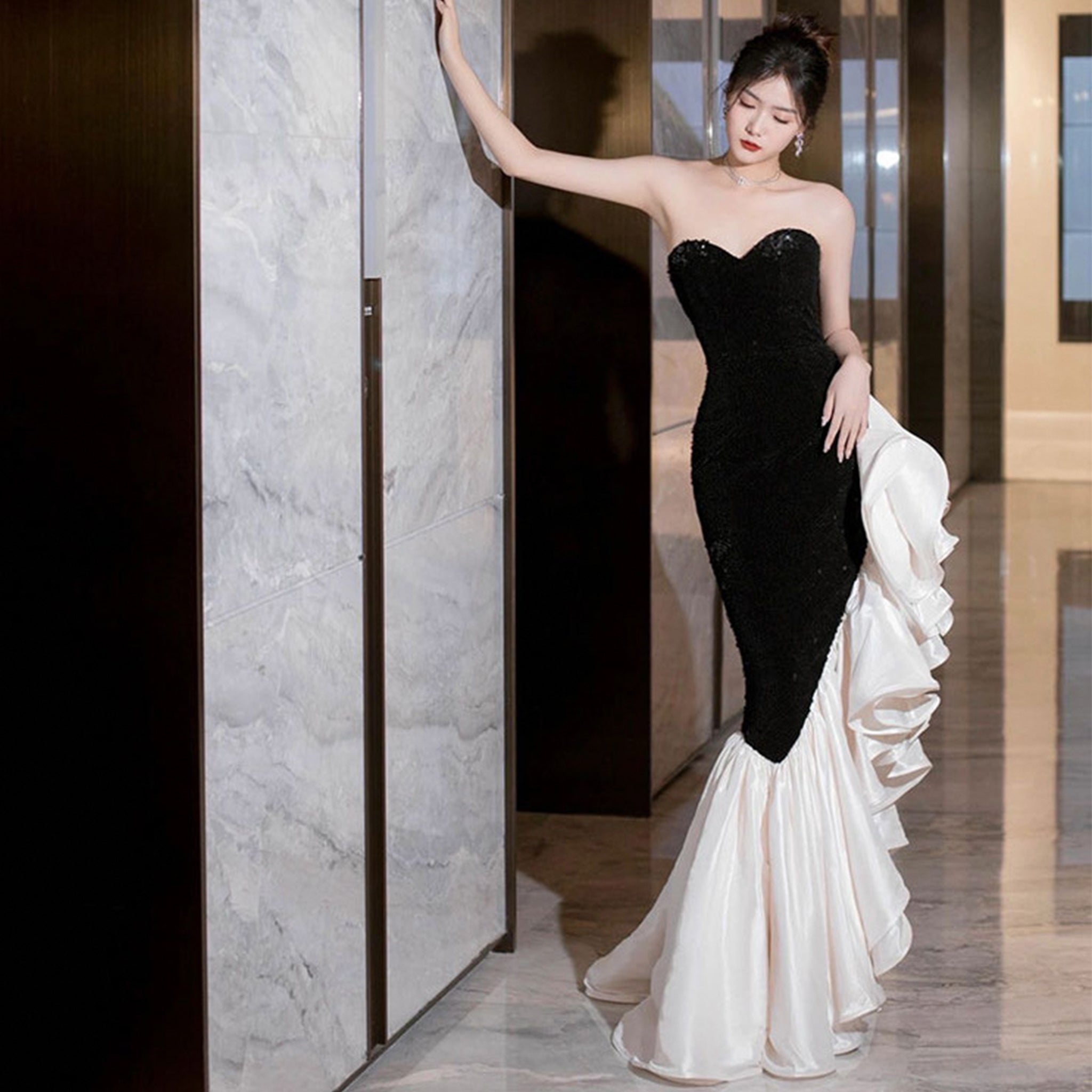 Mermaid Prom Dress Half Black Half White Elegant Black White