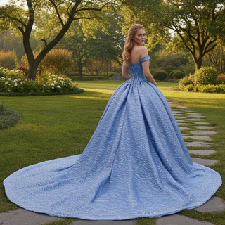 High-end Off Shoulder Blue Glitter Quinceañera Dress with Corset Back
