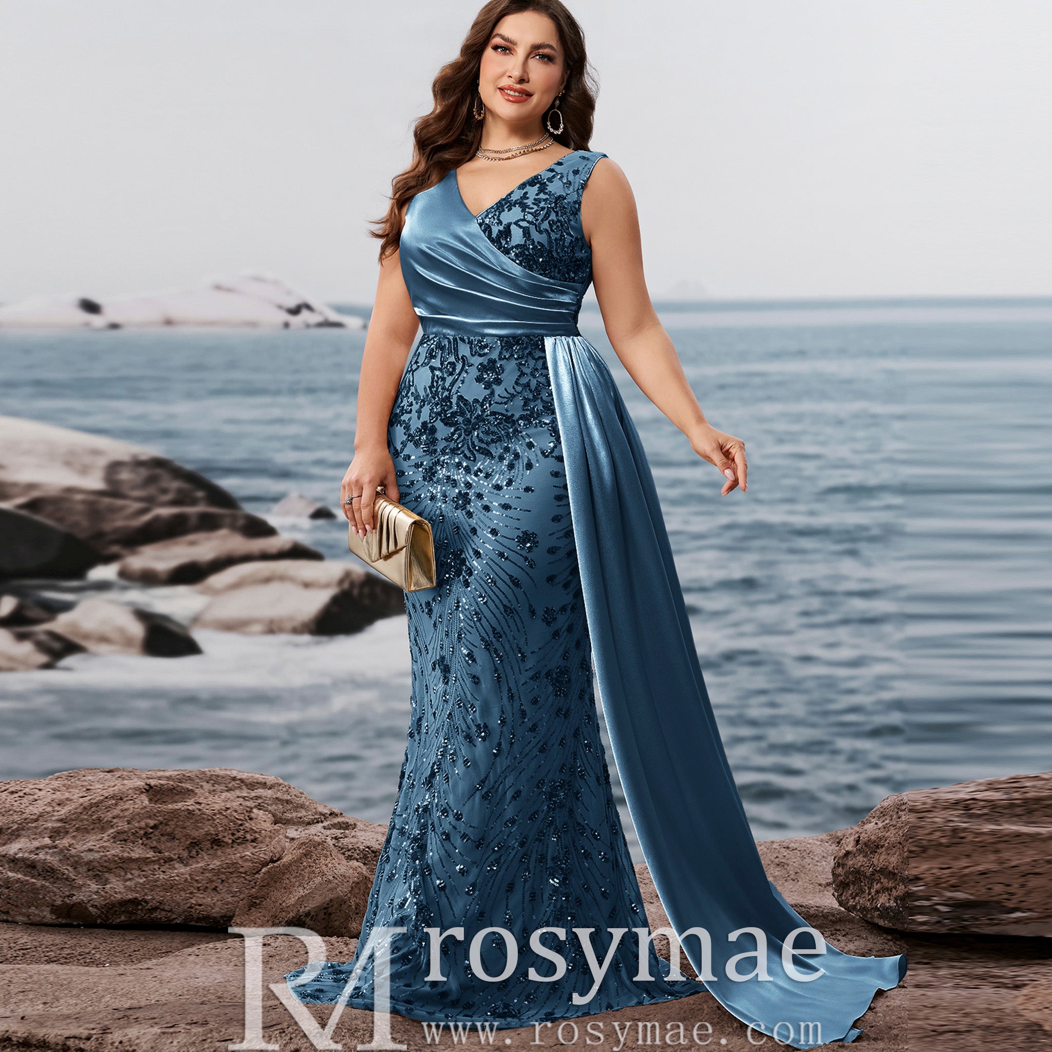 Elegant Mermaid Steel Blue Party Dresses and Formal Gowns in Plus Size Steel Blue / 2XL Elegant Mermaid Steel Blue Party Dresses and Formal Gowns in Plus Size Steel Blue / 2XL