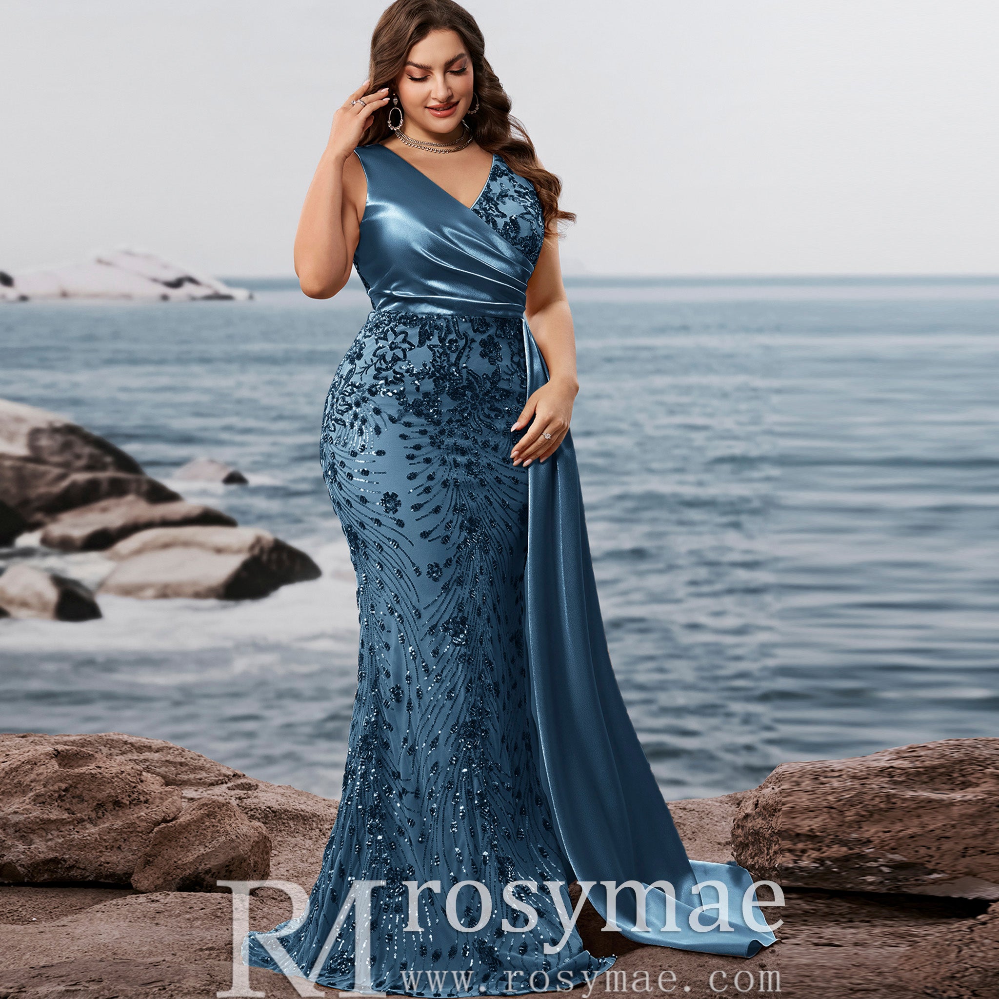 Elegant Mermaid Steel Blue Party Dresses and Formal Gowns in Plus Size Steel Blue / 2XL Elegant Mermaid Steel Blue Party Dresses and Formal Gowns in Plus Size Steel Blue / 2XL