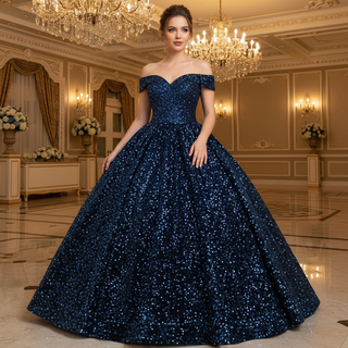Off Shoulder V Neckline Sparkly Quinceanera Ball Gown