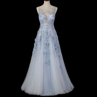 Sky Blue A-Line Prom Dress with Illusion Scoop Neckline & Button Back