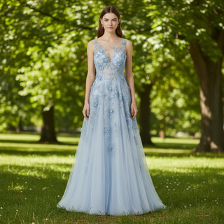 Sky Blue A-Line Prom Dress with Illusion Scoop Neckline & Button Back