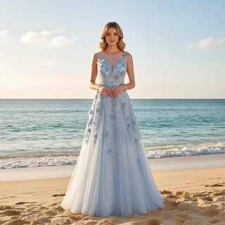 Sky Blue A-Line Prom Dress with Illusion Scoop Neckline & Button Back