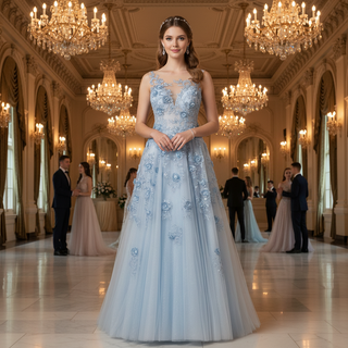Sky Blue A-Line Prom Dress with Illusion Scoop Neckline & Button Back