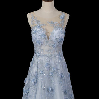 Sky Blue A-Line Prom Dress with Illusion Scoop Neckline & Button Back