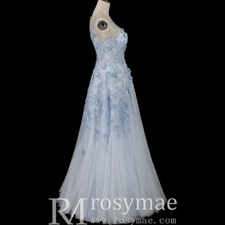 Sky Blue A-Line Prom Dress with Illusion Scoop Neckline & Button Back