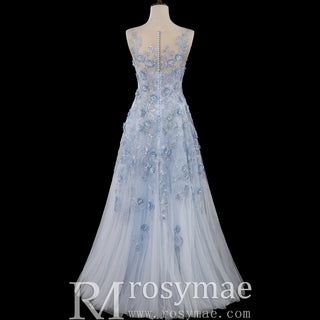 Sky Blue A-Line Prom Dress with Illusion Scoop Neckline & Button Back