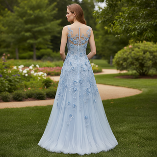 Sky Blue A-Line Prom Dress with Illusion Scoop Neckline & Button Back