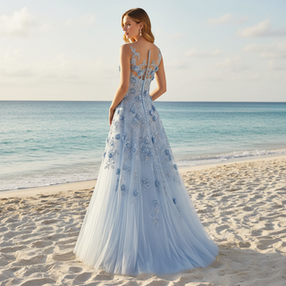 Sky Blue A-Line Prom Dress with Illusion Scoop Neckline & Button Back