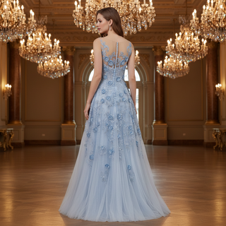 Sky Blue A-Line Prom Dress with Illusion Scoop Neckline & Button Back