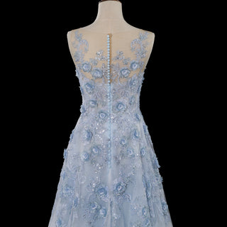 Sky Blue A-Line Prom Dress with Illusion Scoop Neckline & Button Back