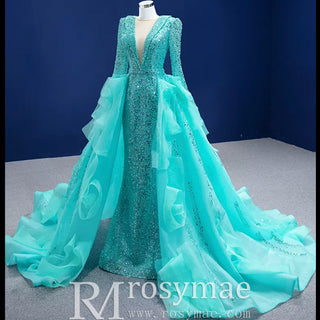 Sparkly Beaded Turquoise Prom Dresses with Detachable Overskirt
