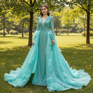 Sparkly Beaded Turquoise Prom Dresses with Detachable Overskirt