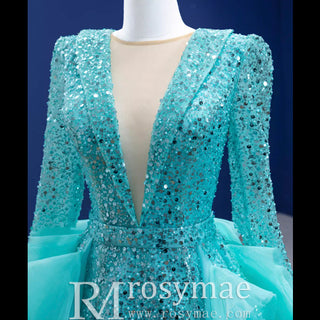 Sparkly Beaded Turquoise Prom Dresses with Detachable Overskirt