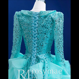 Sparkly Beaded Turquoise Prom Dresses with Detachable Overskirt