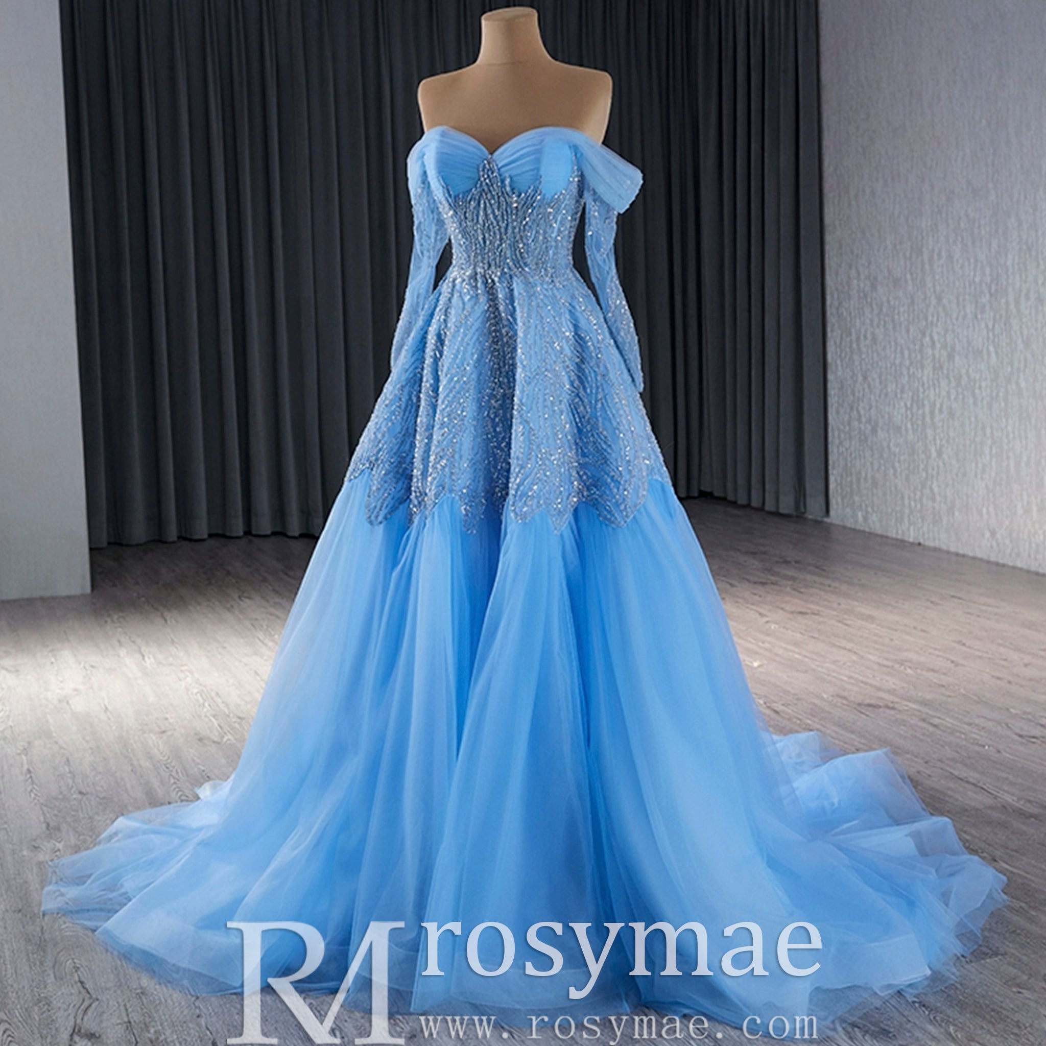 Sky Blue Wedding Dress Long Sleeve Off the Shoulder Formal Dress Rosymae Sky Blue Wedding Dress Long Sleeve Off the Shoulder Formal Dress Rosymae