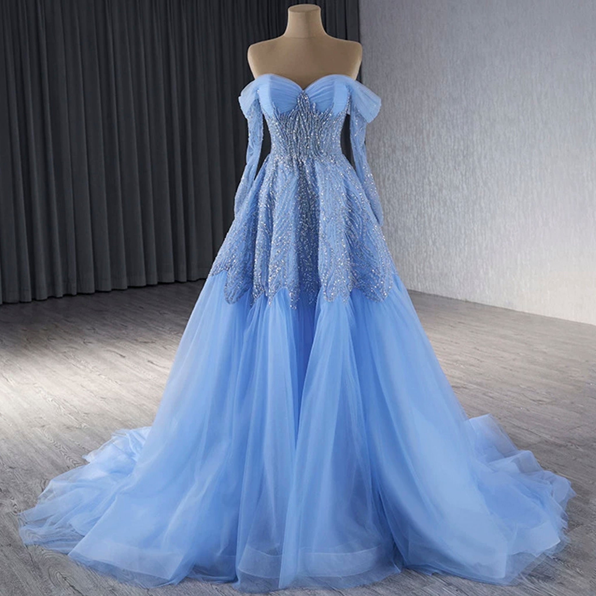 Sky Blue Wedding Dress Long Sleeve Off the Shoulder Formal Dress Sky Blue / 12 Sky Blue Wedding Dress Long Sleeve Off the Shoulder Formal Dress Sky Blue / 12