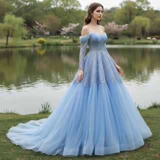 Sky Blue Wedding Dress Long Sleeve Off the Shoulder Formal Dress
