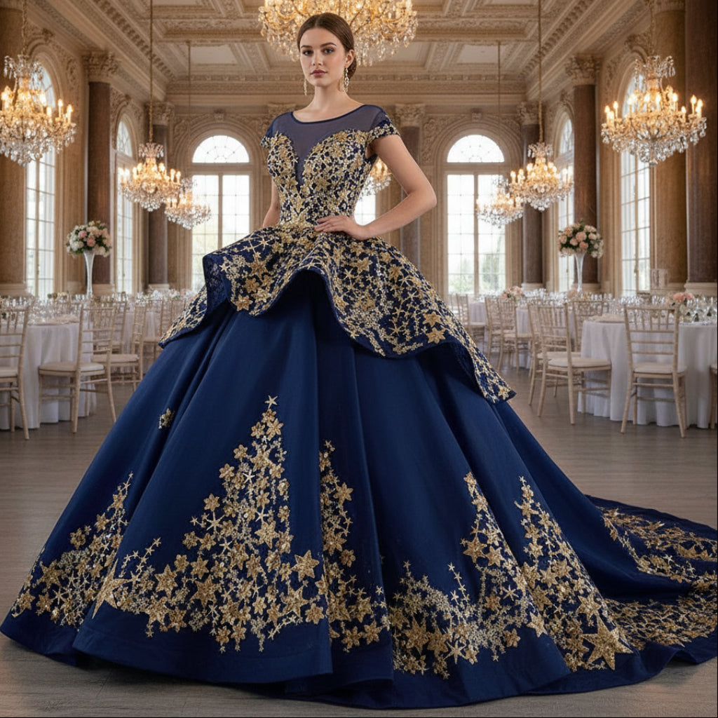 Gold Star Ruffle Wedding Dress with Cap Sleeve Quinceanera Gown Rosymae Gold Star Ruffle Wedding Dress with Cap Sleeve Quinceanera Gown Rosymae