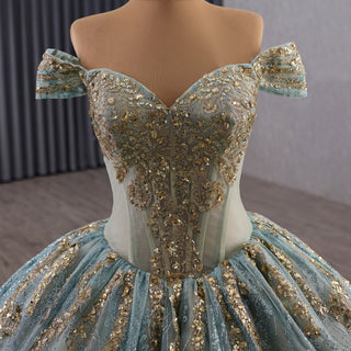 Luxury Blue Quinceañera Dress with Hand-Beaded Gold Lace Appliqués & Sequins