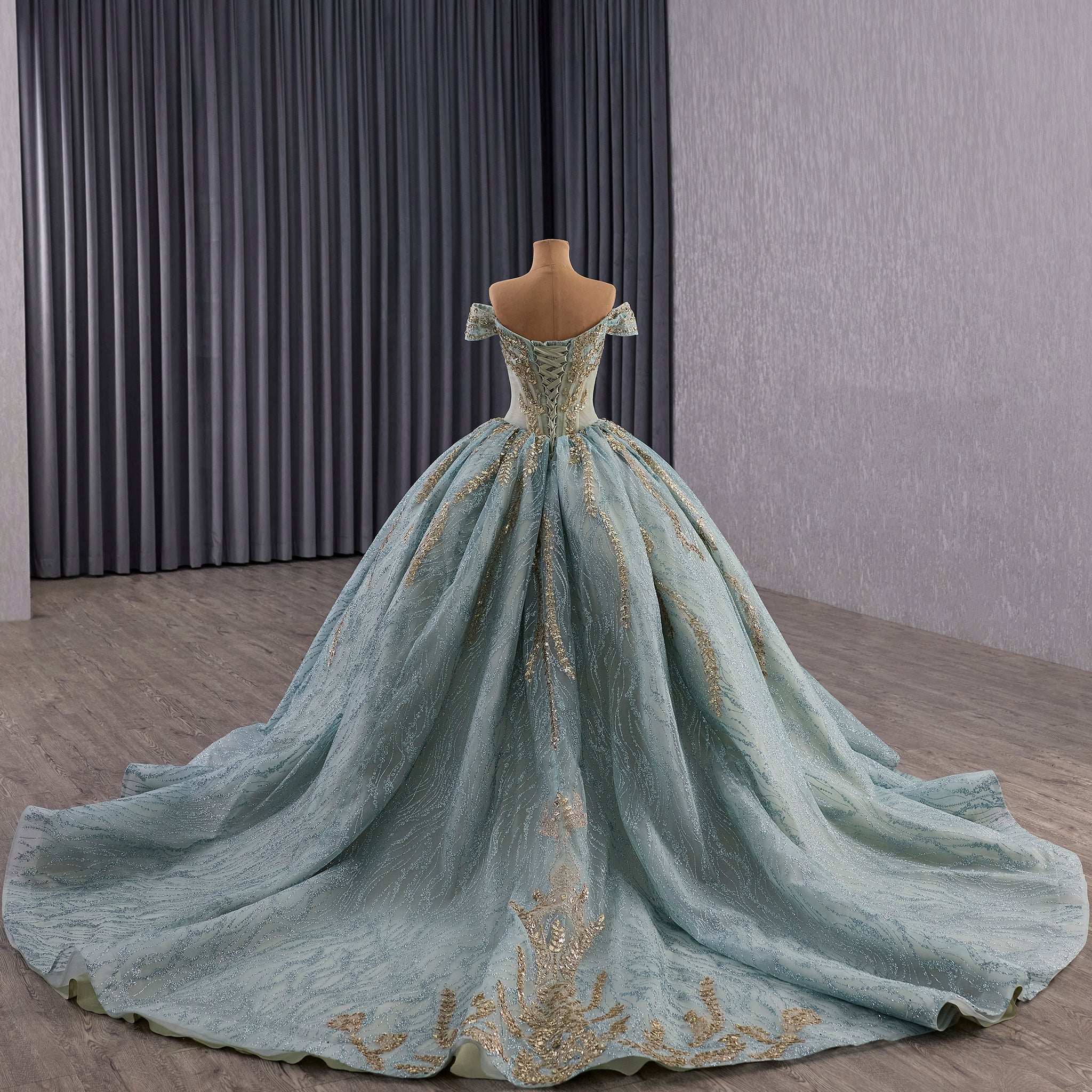 Luxury Blue Quinceaera Dress with Hand-Beaded Gold Lace Appliqus & S Rosymae Luxury Blue Quinceaera Dress with Hand-Beaded Gold Lace Appliqus & S Rosymae