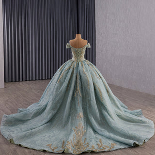 Luxury Blue Quinceañera Dress with Hand-Beaded Gold Lace Appliqués & Sequins
