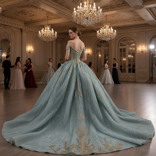 Luxury Blue Quinceañera Dress with Hand-Beaded Gold Lace Appliqués & Sequins