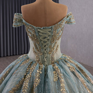 Luxury Blue Quinceañera Dress with Hand-Beaded Gold Lace Appliqués & Sequins