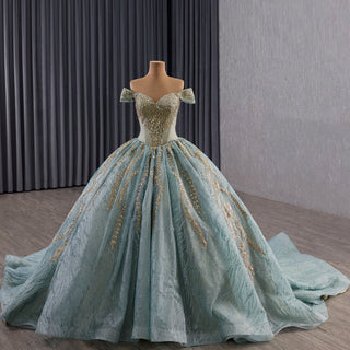 Luxury Blue Quinceañera Dress with Hand-Beaded Gold Lace Appliqués & Sequins