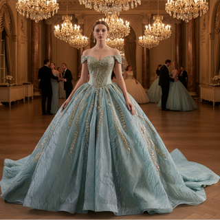 Luxury Blue Quinceañera Dress with Hand-Beaded Gold Lace Appliqués & Sequins
